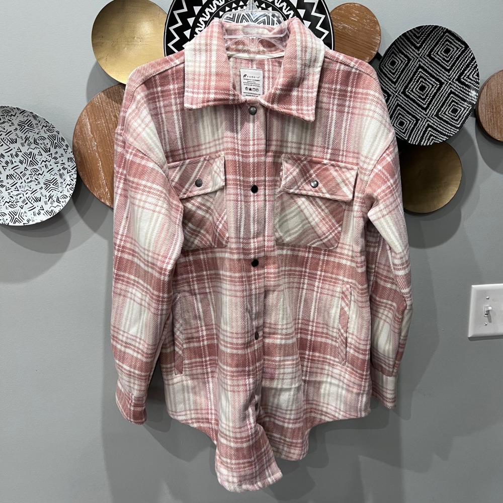 Fornia Pink Plaid Shacket Women Extra Small Recycled Blend Button Front Jacket